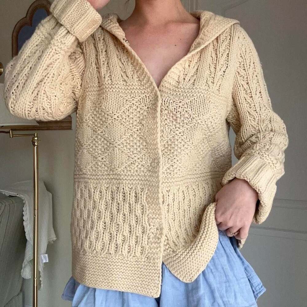 Hand Knit Chunky Cream Cable Pattern Hooded Cardigan